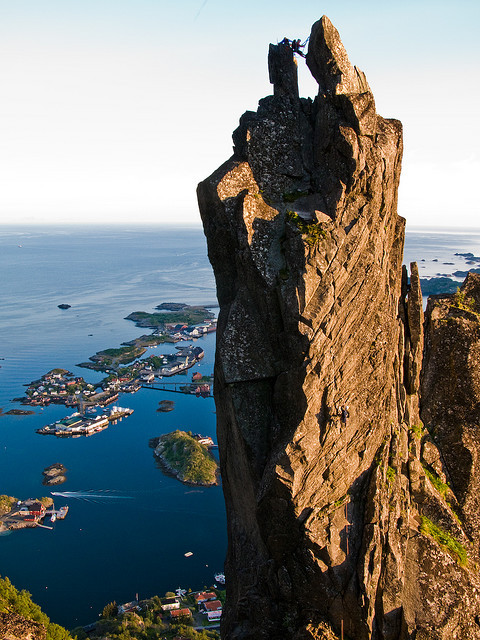 Climbing on Svolvaergeita, Lofoten Islands, Norway
