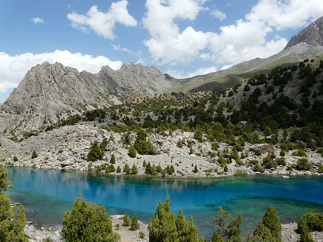 Beautiful glacier waters of Guitar Lake in Fan Mountains, Tajikistan
