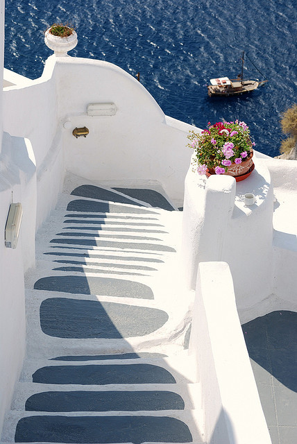 Beautiful white stairs of Akrotiri, Santorini Island, Greece