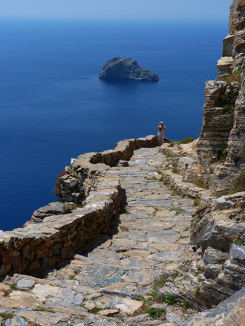 Seaside rocky trail toward the Monastery of Panagia Hozoviotissa, Amorgos island, Greece