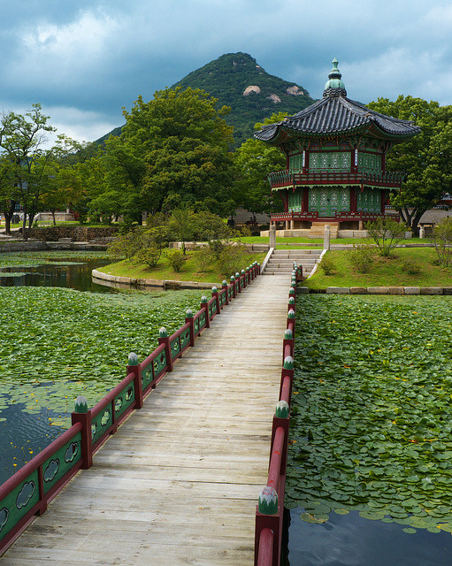 Bridge to Hyangwonjeong Pavilion in Seoul, South Korea