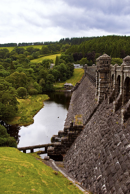 Looking across the side of the dam at Lake Vyrnwy, Wales