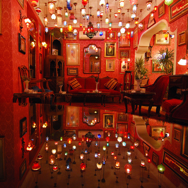 Coloured glass lamps at Kybele Cafe in Istanbul, Turkey