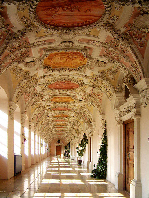 Beautiful architecture inside Wessobrunn Abbey in Bavaria, Germany