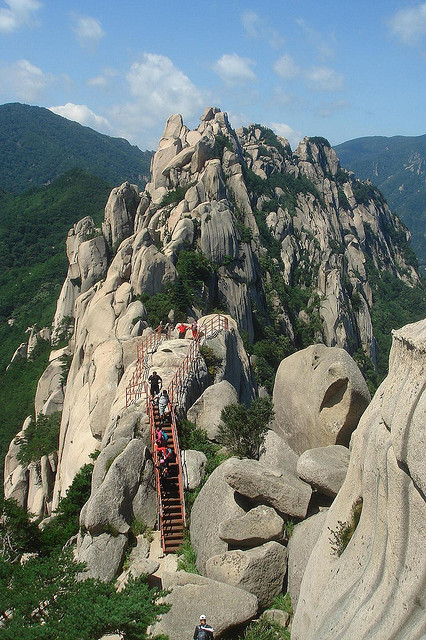 Climbing stairs to Ulsan Rock, Seoraksan National Park, South Korea